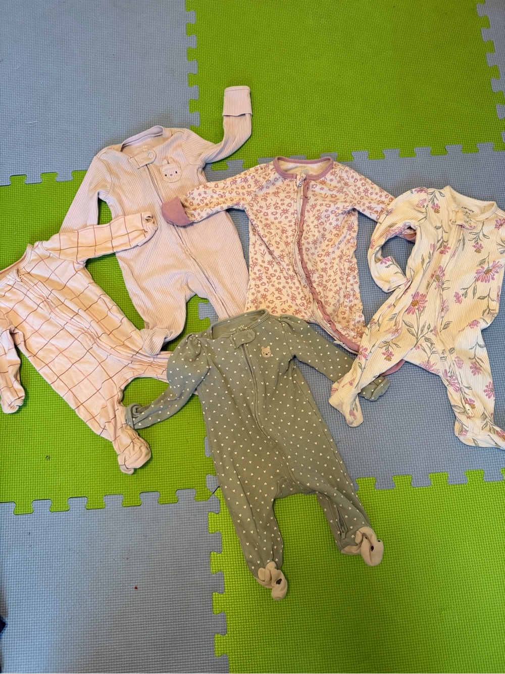 Mixed Girls Footie Sleepers in Pink and Green - Set of 5